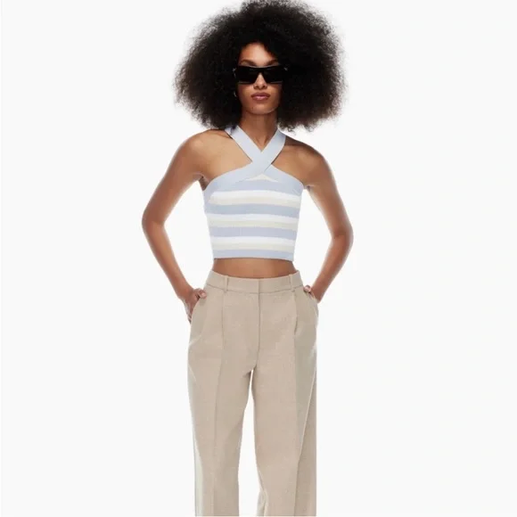 Aritzia Babaton Sculpt Knit Criss Cross Cropped Tank Birch/ Cement Blue NWT - Picture 3 of 11